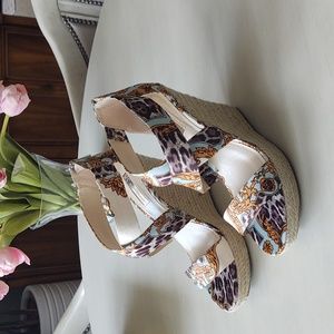 Look SOO much better in person! platform sandal, silky/satiny fabric worn 1x.